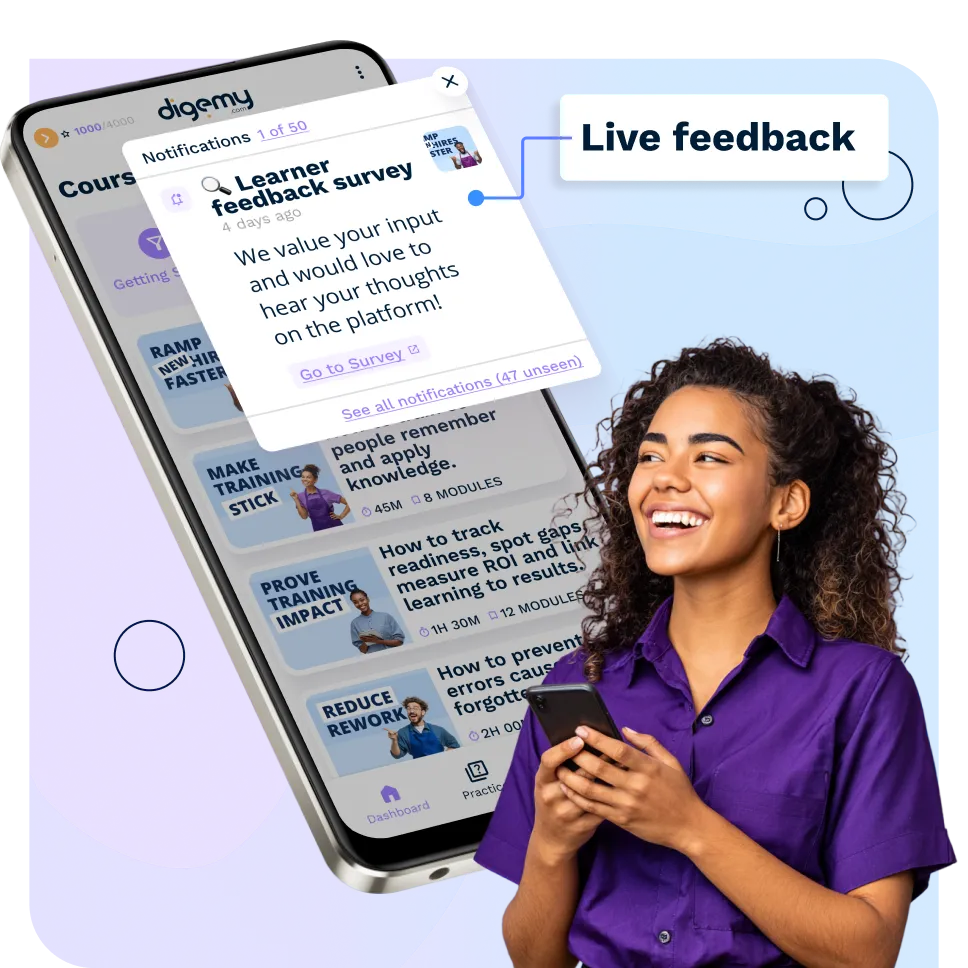 Smiling woman holding a phone with a mobile screen showing a learner feedback survey notification and course list, highlighting live feedback.