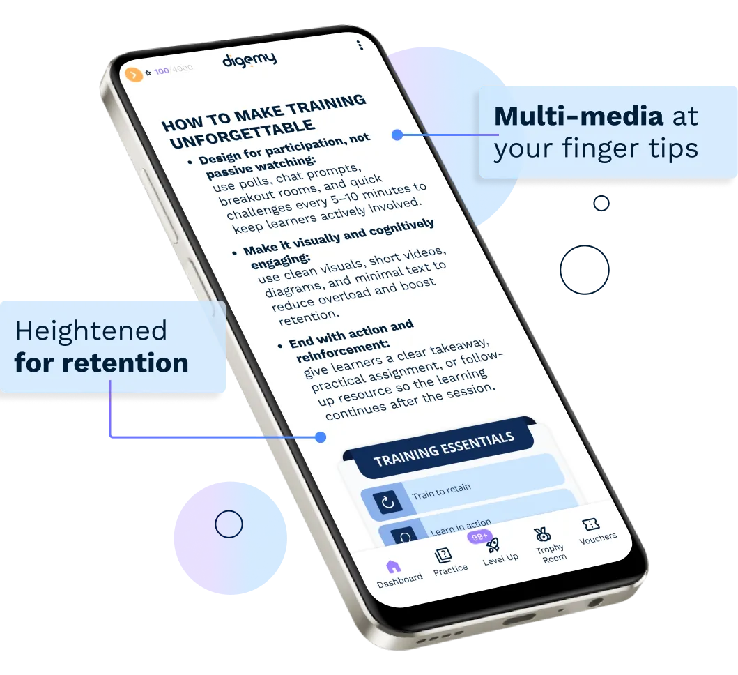 Smartphone screen displaying training tips to make training unforgettable with emphasis on participation, visual engagement, and reinforcement, alongside app navigation icons.
