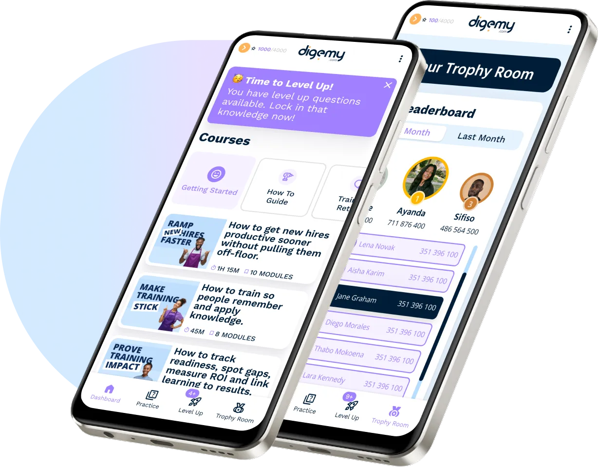 Smartphone screen displaying training tips to make training unforgettable with emphasis on participation, visual engagement, and reinforcement, alongside app navigation icons.