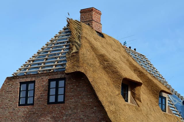 Historisches Backsteinhaus mit Reetdach während einer Dachsanierung