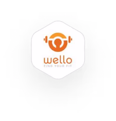 Wello-logo met oranje persoon met halters op zeshoekige achtergrond