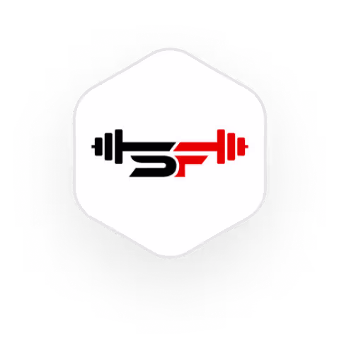 Sportschool logo met halter in zwart en rood op zeshoekige achtergrond