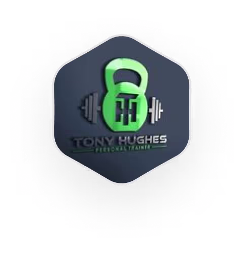 Groene kettlebell en halter in Tony Hughes personal trainer logo