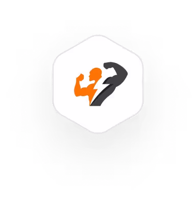 Sportief pictogram met gespierde arm en bliksemschicht in oranje en zwart