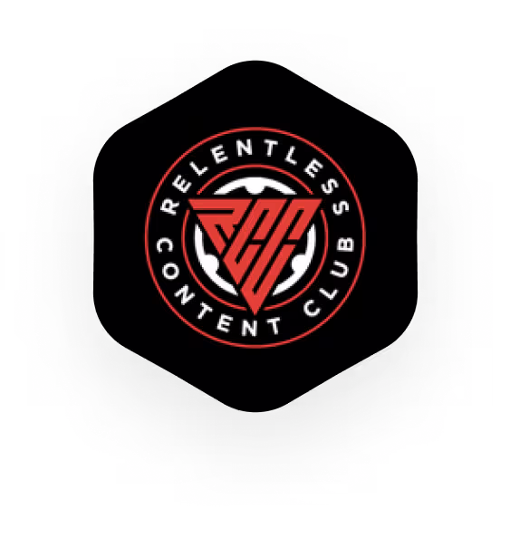 Zwart-rood logo van Relentless Content Club in zeshoekige vorm