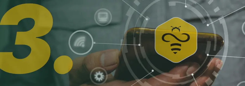 Technologische bijenlogo met nummer 3 en digitale verbindingspictogrammen