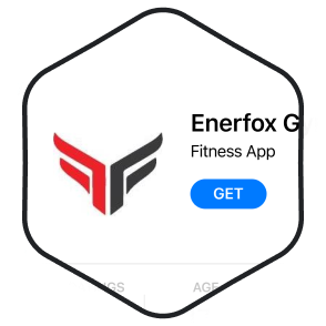 Enerfox G fitness-app-logo in zeshoekig kader met blauwe knop