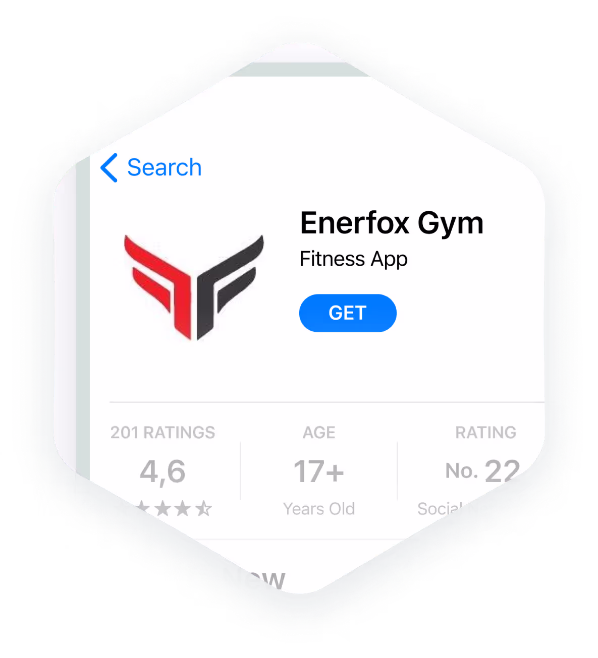 Enerfox Gym fitness-app met logo, waardering 4,6 en leeftijdsgrens 17+