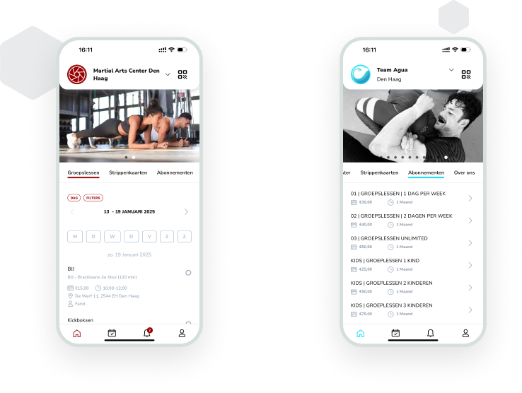 Twee mobiele app-schermen voor sportcentra met trainings- en lidmaatschapsinformatie