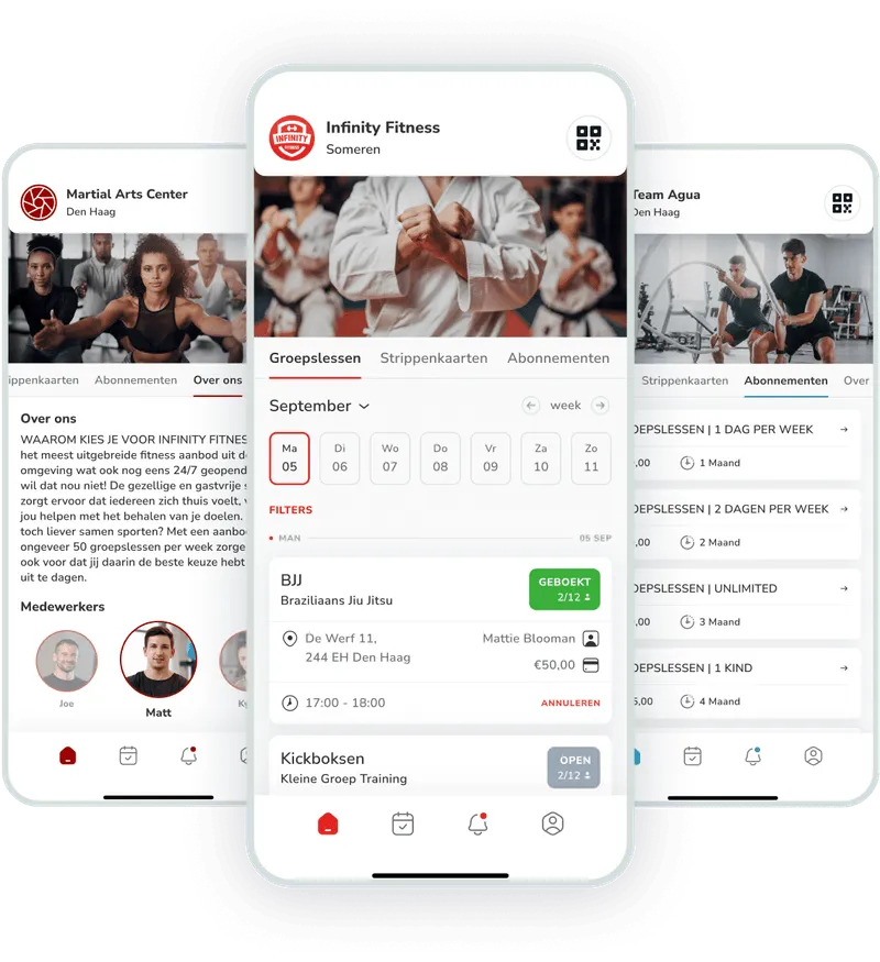 Fitness app-interface met groepslessen, trainingsopties en sportactiviteiten