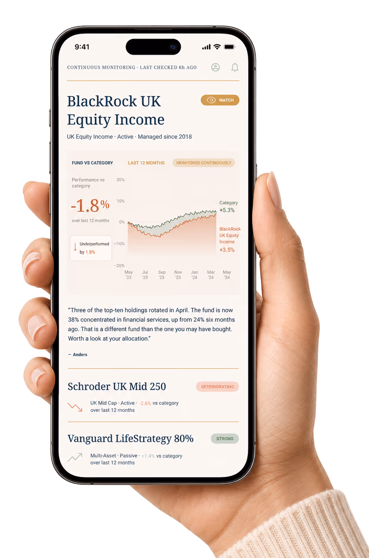Phone showing the PowerFunds app with a BlackRock UK Equity Income fund rating and performance chart