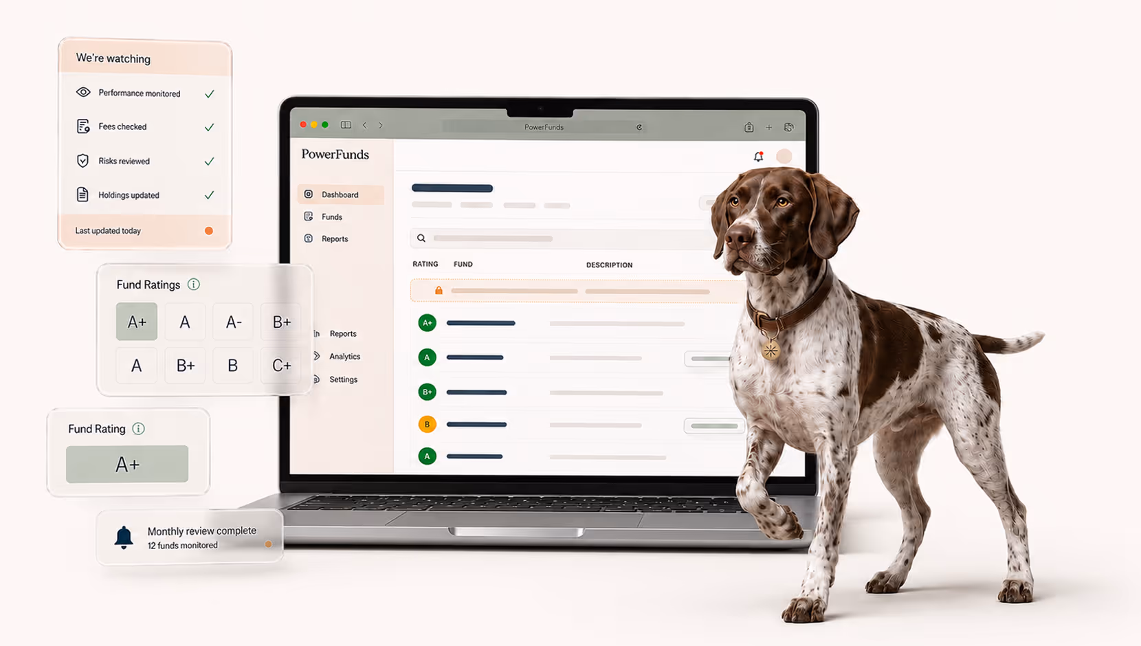 Pointer dog beside a laptop showing the PowerFunds fund rating dashboard
