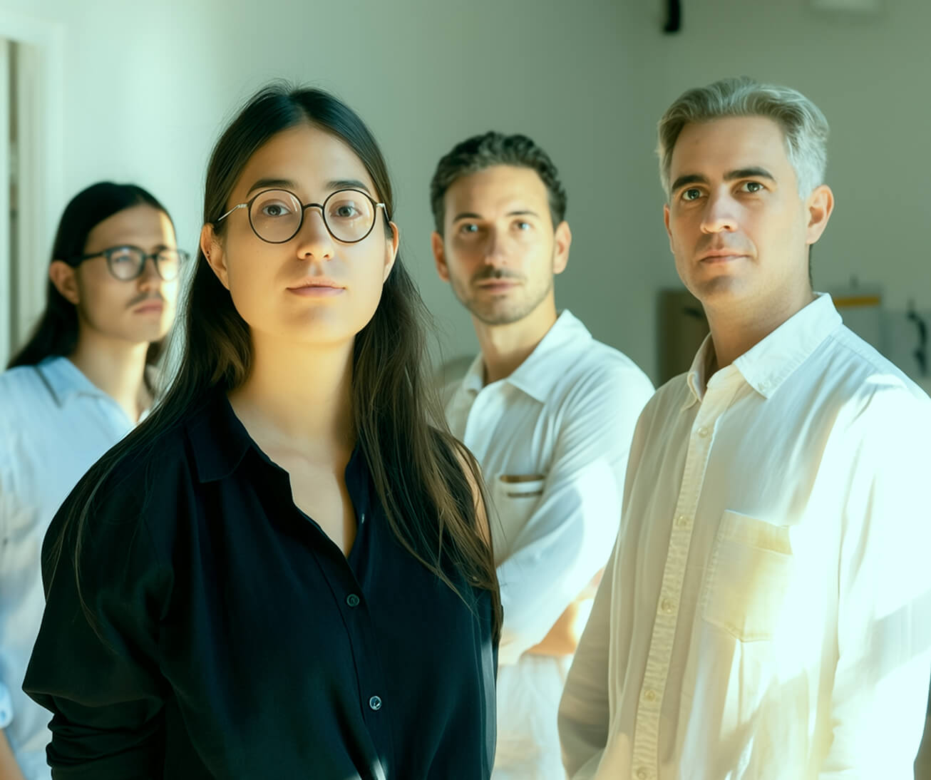 Four diverse young professionals posing indoors with serious expressions, with a woman in glasses front and center.