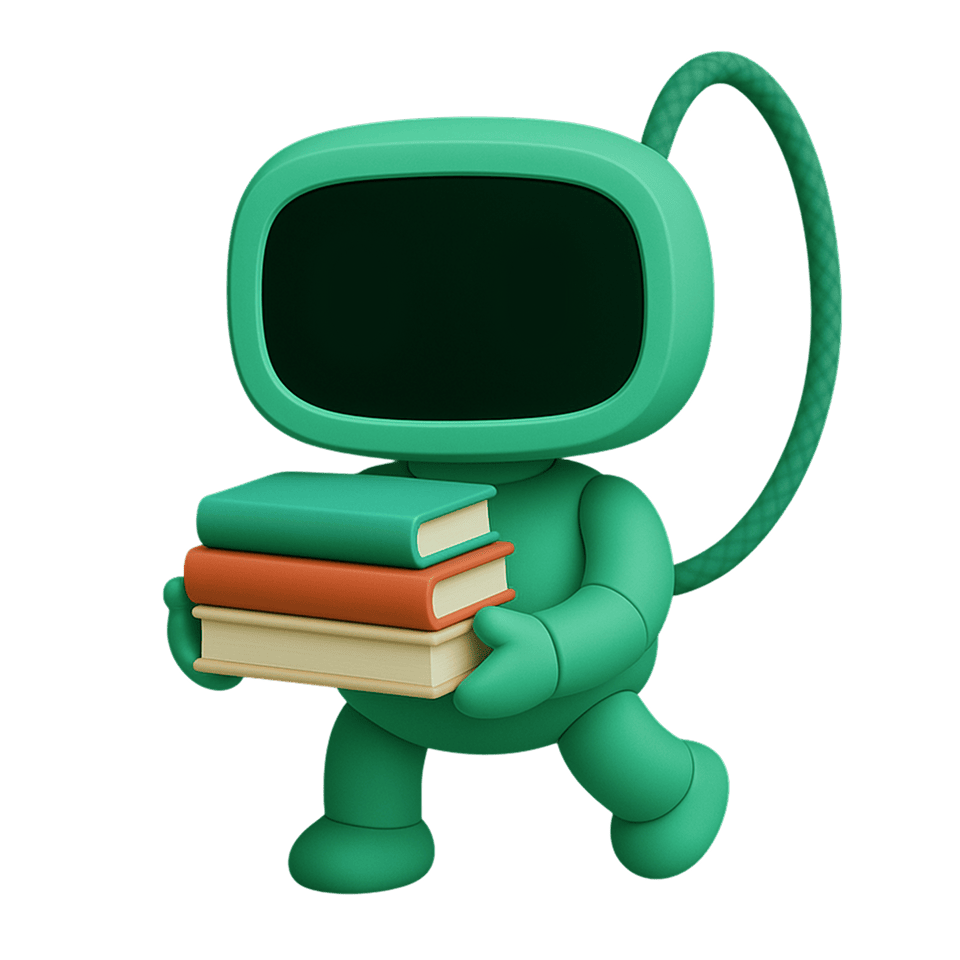 Green robot character holding a stack of three books in its arms.