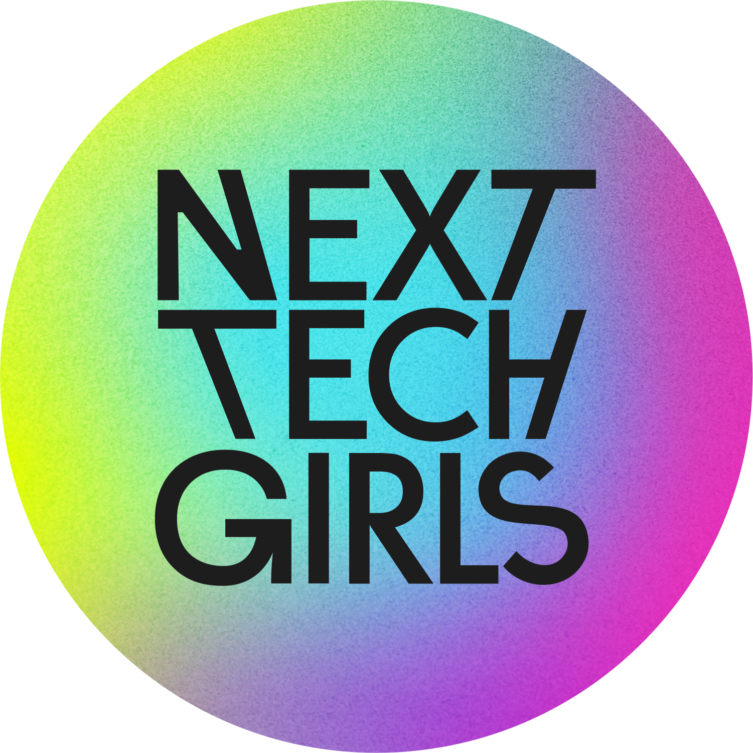 Circular gradient background with text 'NEXT TECH GIRLS' in bold black letters.