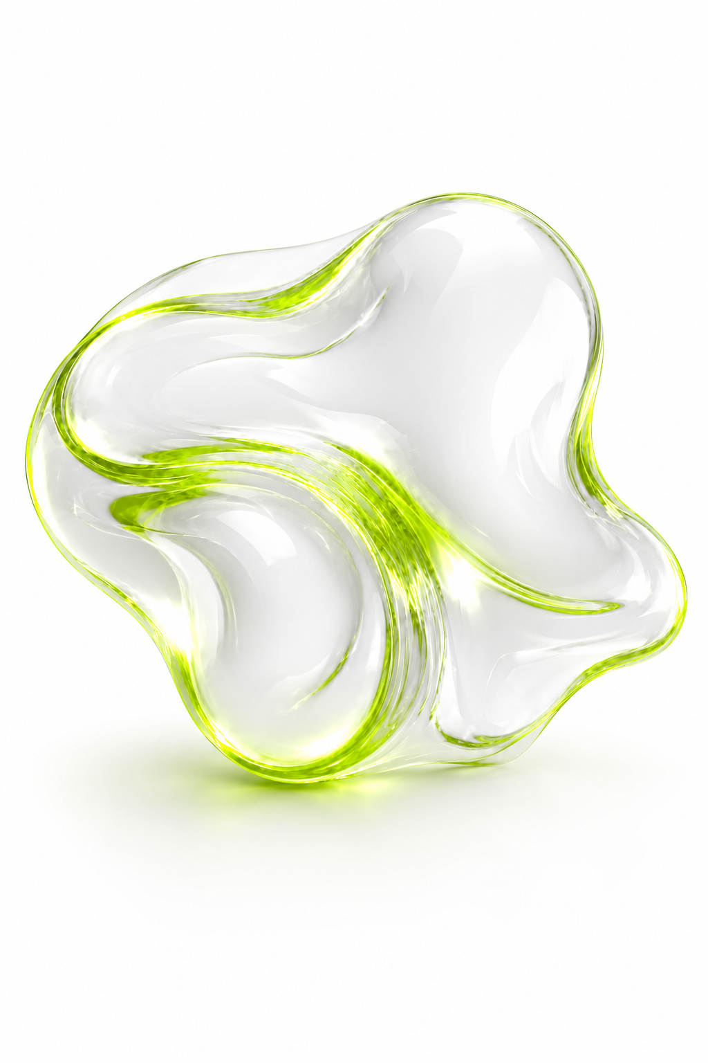 Abstract translucent organic shape with lime green accents on a white background.