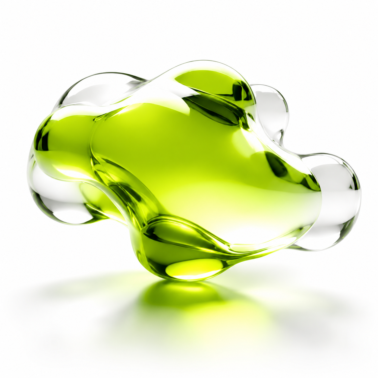 Abstract transparent green and clear bubble-like shape casting a soft shadow on white background.