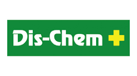 Dis-Chem pharmacy logo with green background and a yellow plus symbol.