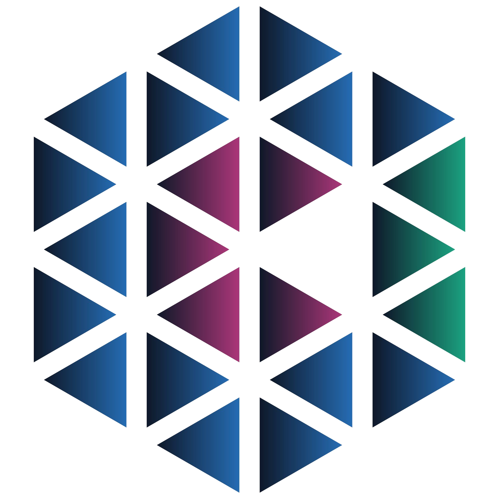 Hexagon shape made of small blue, purple, and green gradient triangles arranged in rows.