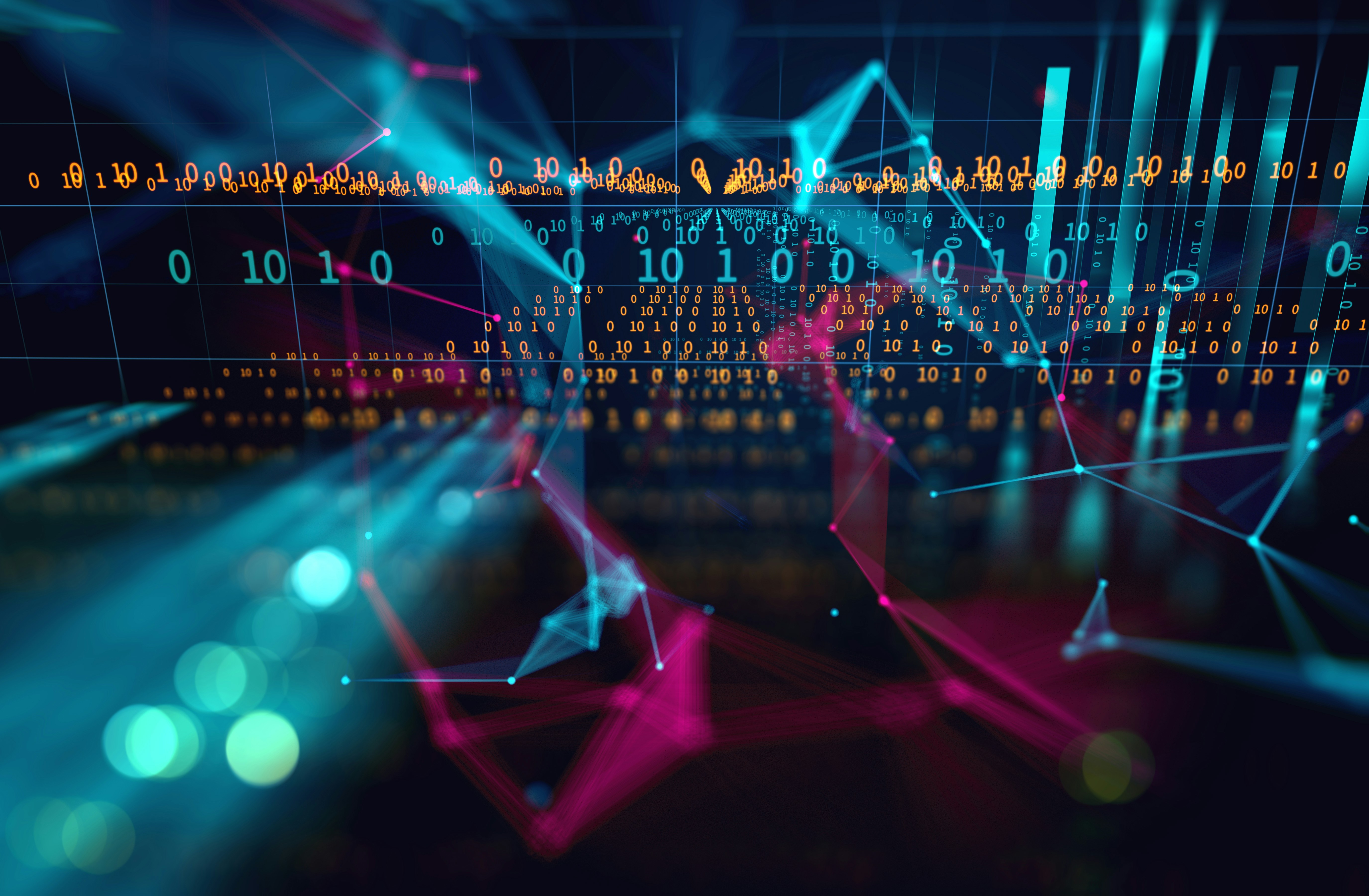 Abstract digital data visualization with floating binary code, grid lines, and network connections in blue and pink hues.