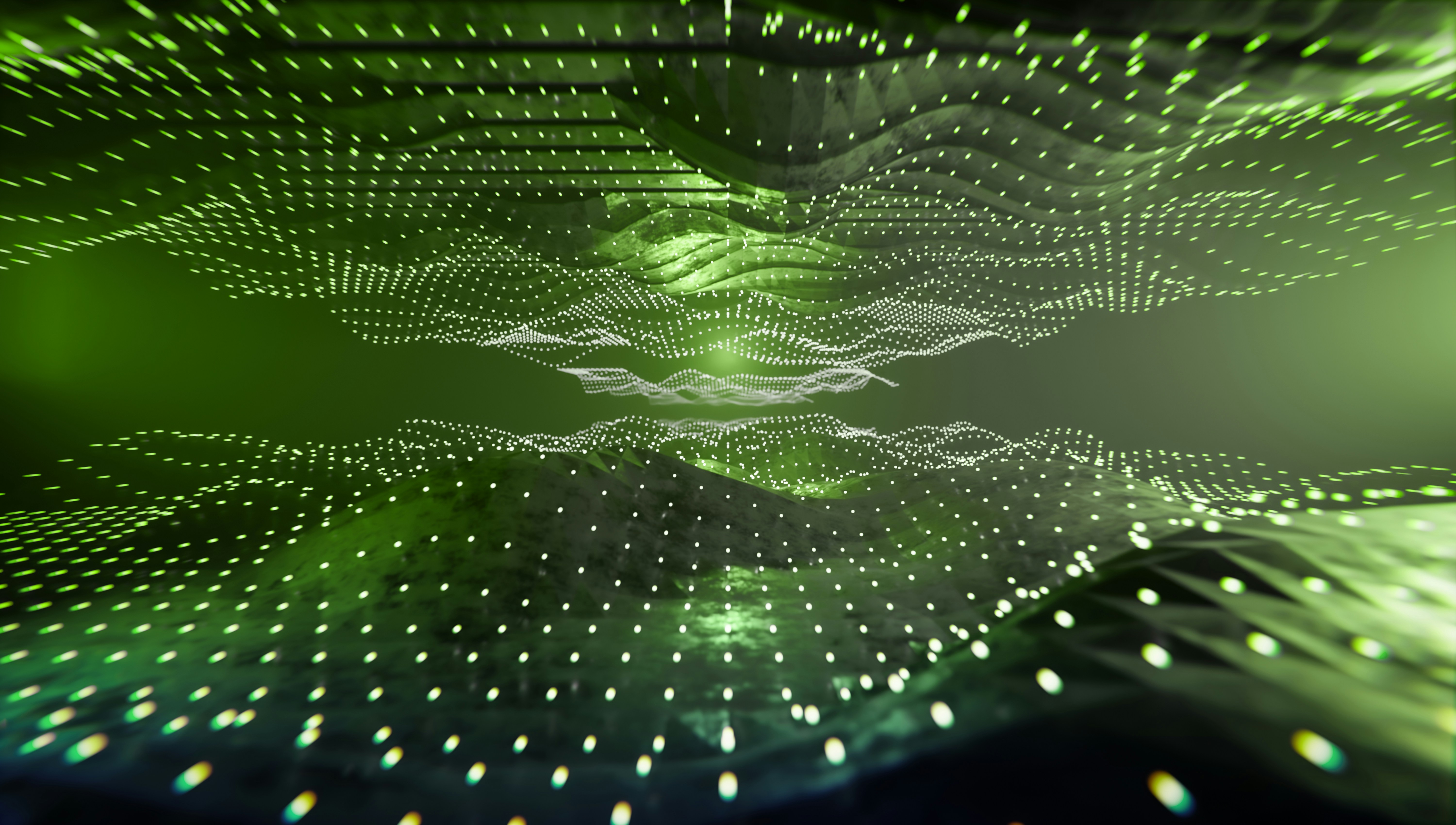 Abstract green digital landscape with glowing dots forming wave-like grids in 3D space.