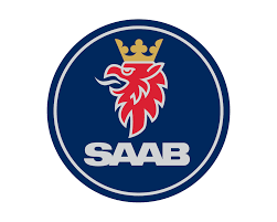 SAAB logo with a red griffin head wearing a gold crown on a blue circular background.