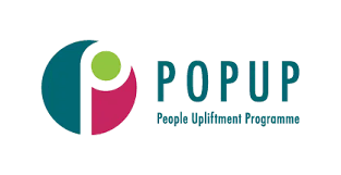 POPUP People Upliftment Programme logo with abstract design circle in teal, pink, and green.