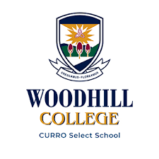 Woodhill College emblem with lotus and torch and text 'Woodhill College Curro Select School'.