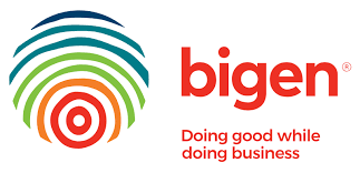 Bigen logo with colored fingerprint icon and the slogan 'Doing good while doing business'.