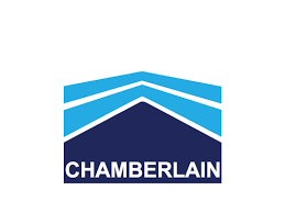 Chamberlain logo with three blue angled lines above the word CHAMBERLAIN in white on navy background.