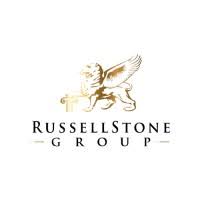 Gold lion holding a sword above the text Russellstone Group in black font on white background.
