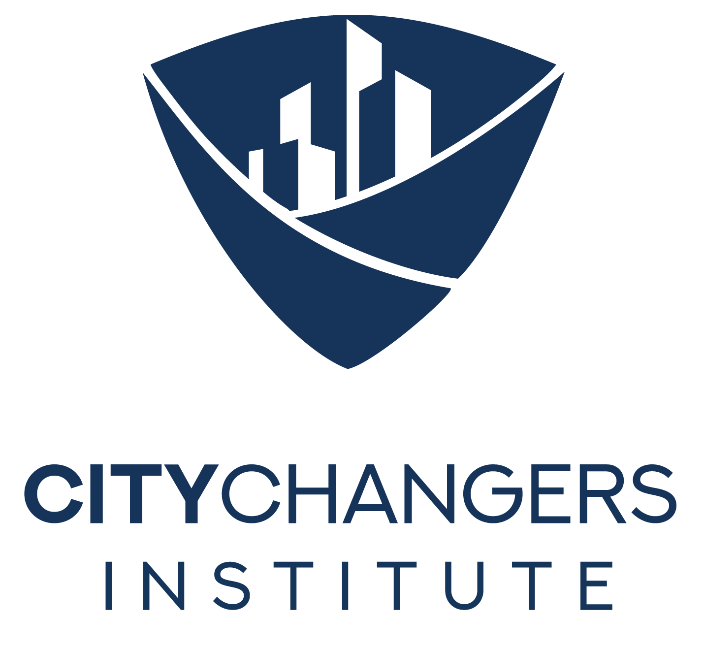 Logo with stylized city buildings inside a triangular shield above the text CityChangers Institute.
