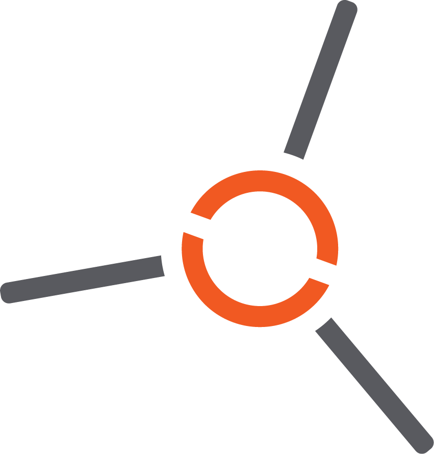 Abstract icon with three gray bars radiating from an orange broken circle center on white background.