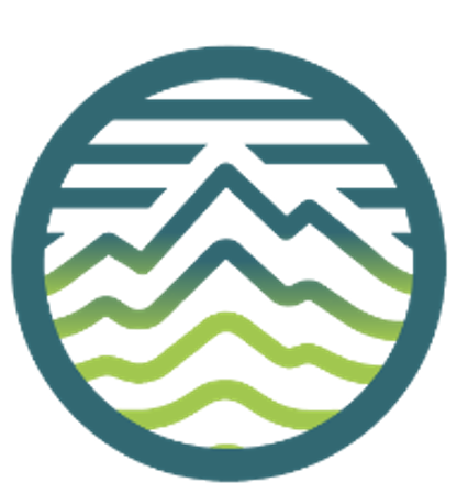 Circular logo with stylized mountains and waves in blue and green gradient inside a dark blue border.
