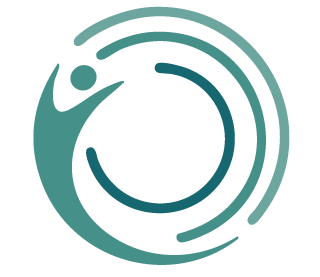 Abstract teal figure with an arm raised inside three concentric circular arcs.