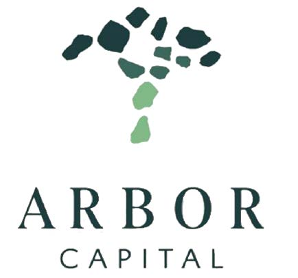 Abstract green tree made of scattered shapes above the text Arbor Capital.