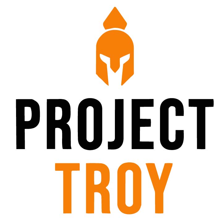 Orange Spartan helmet icon above bold text reading PROJECT TROY with PROJECT in black and TROY in orange.