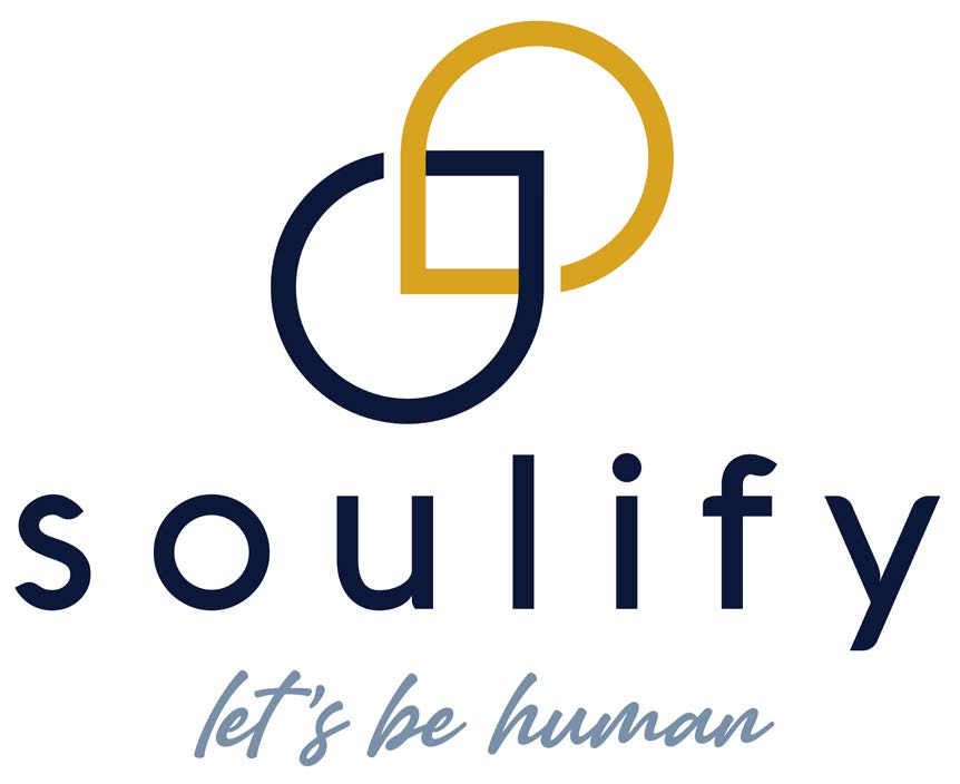 Soulify logo with two interlinked circles above the word 'soulify' and 'let's be human' tagline below.