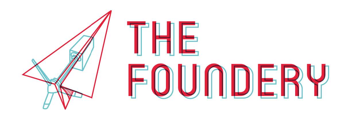 Logo with a red outlined paper airplane and the words THE FOUNDERY in layered red and blue text.