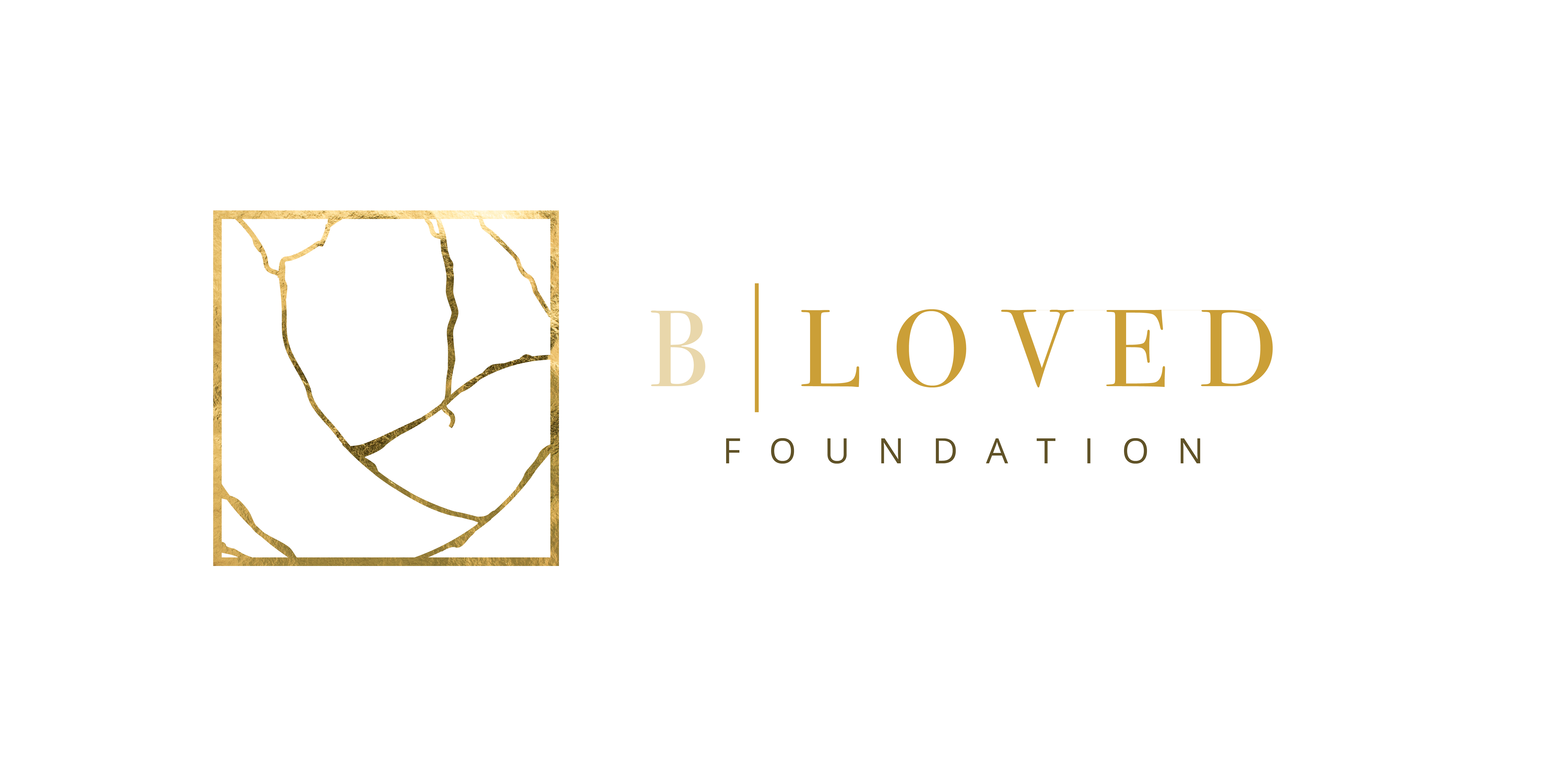 B Loved Foundation text logo with gold marble square symbol on black background