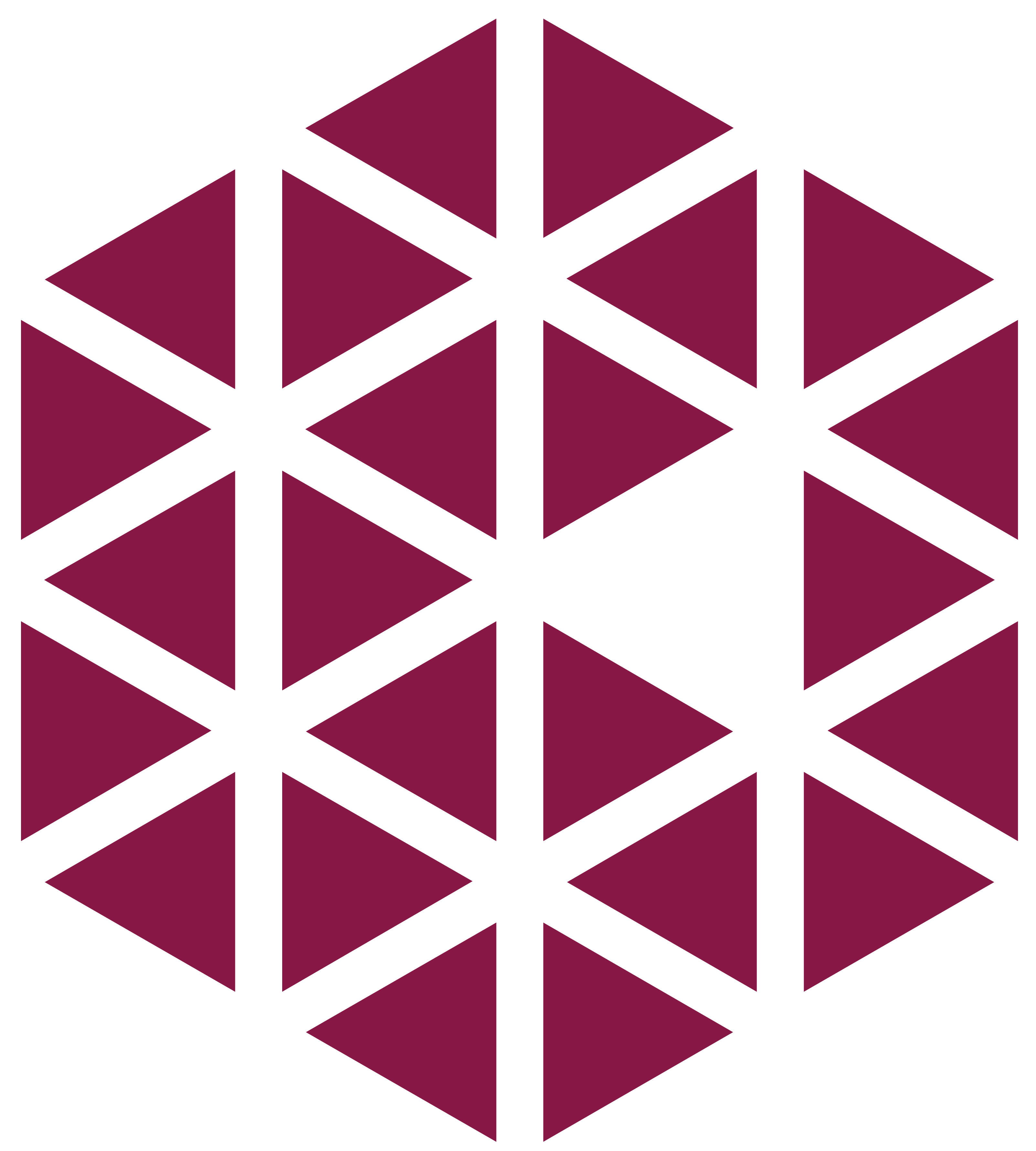 Hexagonal pattern made of dark magenta triangles arranged with vertical black spaces.