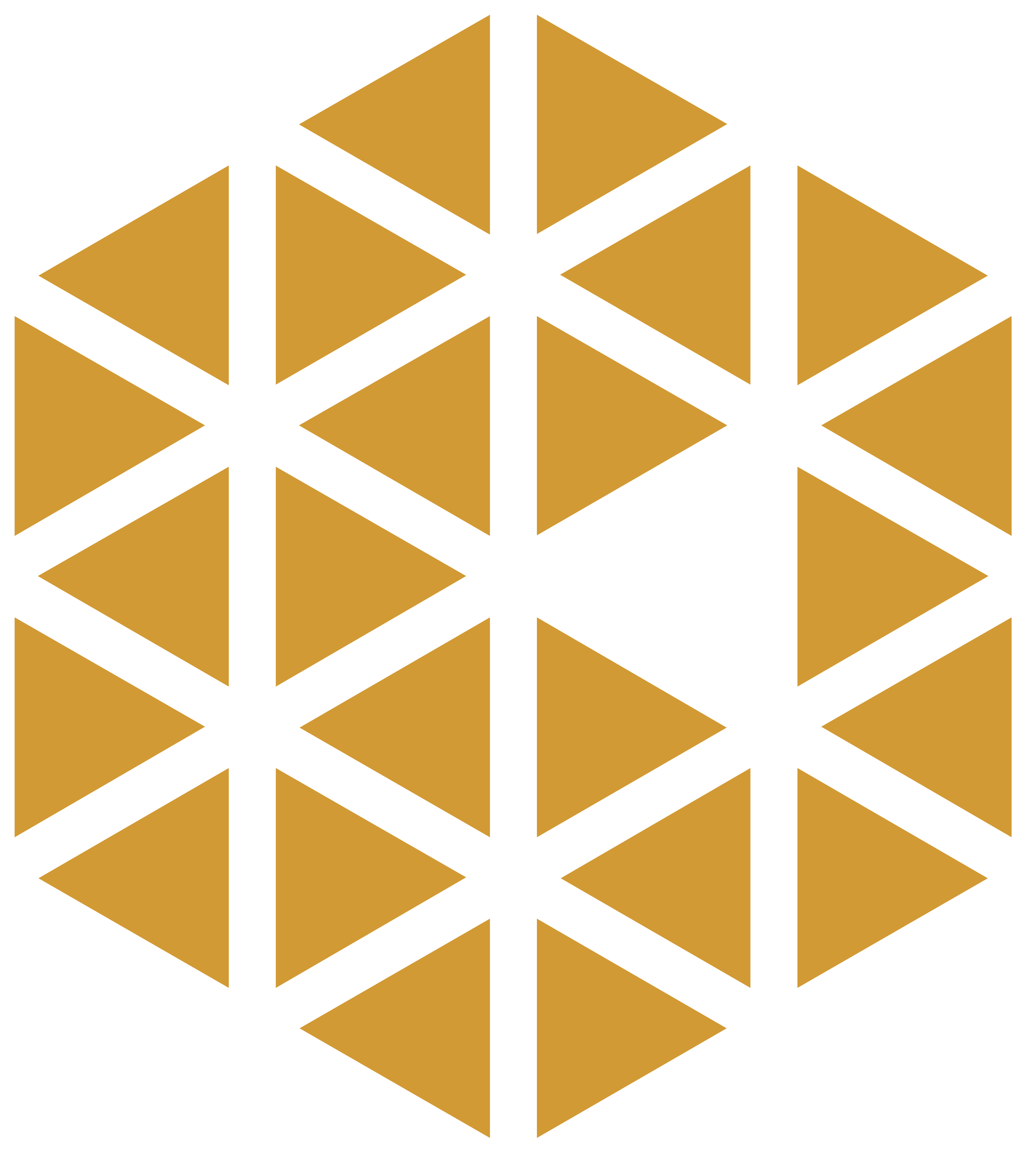 Hexagonal pattern of gold triangles with a central star-shaped negative space on black background.