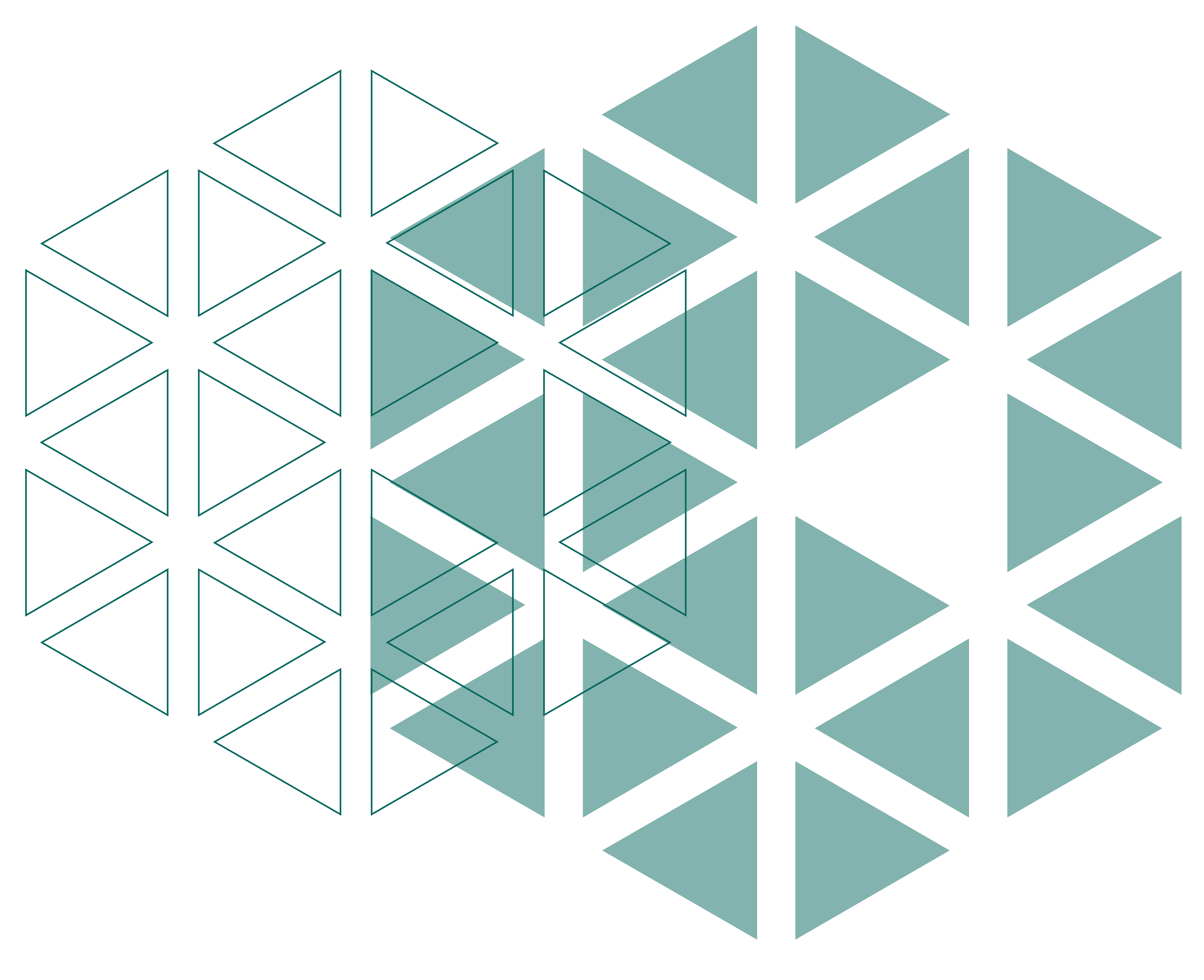 Three groups of teal triangles forming hexagonal patterns on black background, two groups are solid and one outlined.