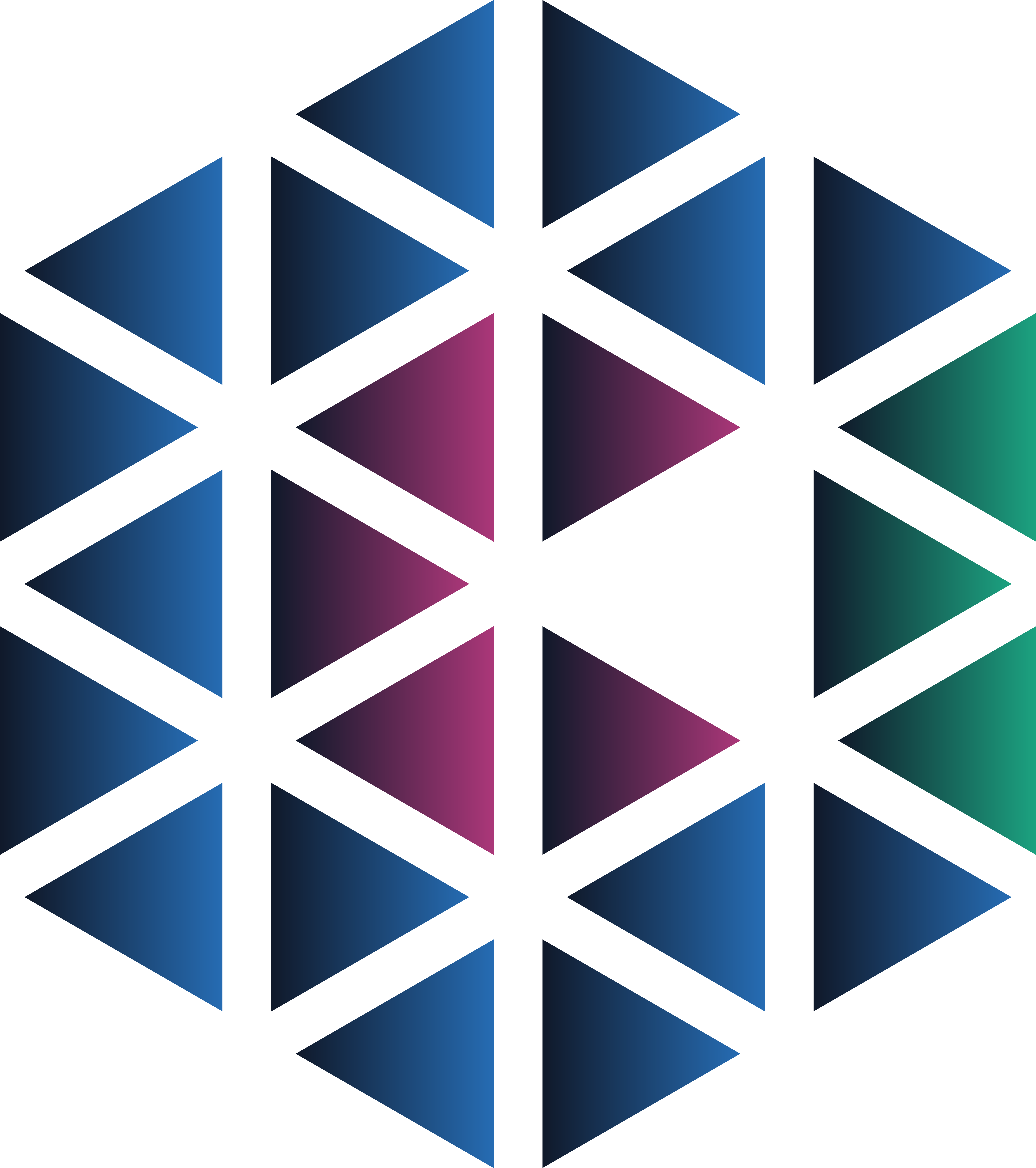Hexagonal pattern of small triangles in blue, purple, and teal gradient colors on black background.