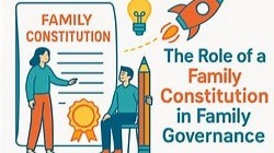 Illustration of two people discussing a family constitution document with icons of a rocket and lightbulb.
