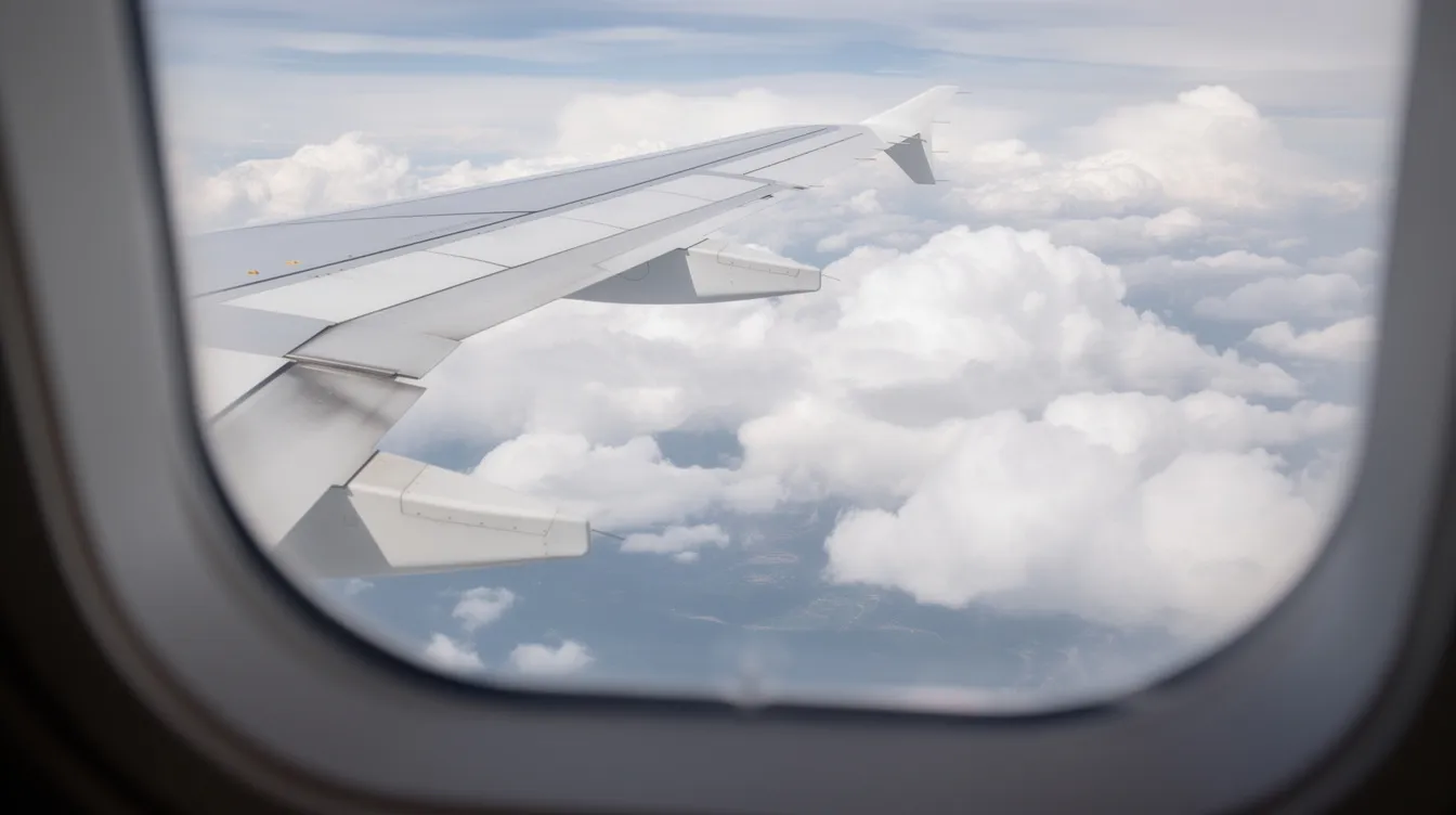 The image depicts a commercial airplane wing viewed from a passenger window, with fluffy white clouds visible below, creating a serene atmosphere high in the air. This scene captures the essence of flying, offering a glimpse of the expansive world beneath as the aircraft navigates its route.