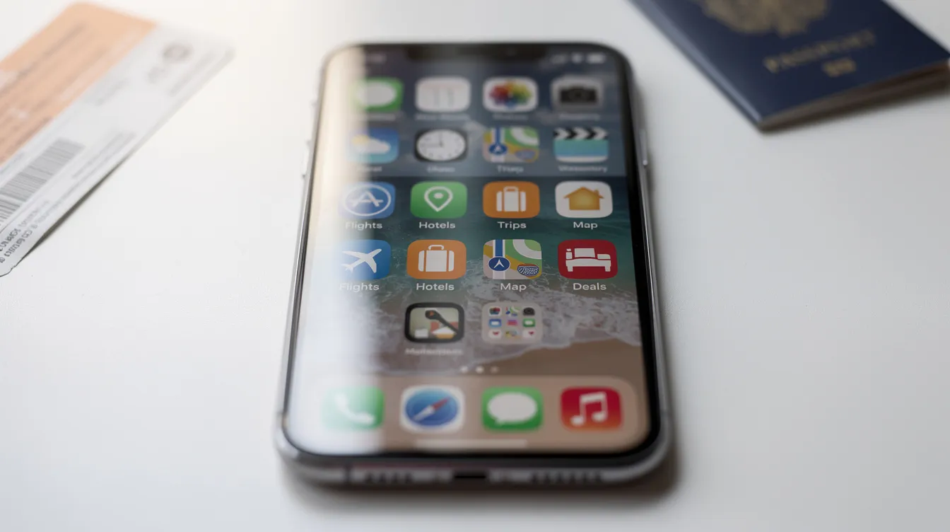 A smartphone is shown with a home screen filled with various travel app icons, including those for flight status, airport alerts, and trip planning. This device offers users access to real-time data and features to manage their travel experiences effectively.