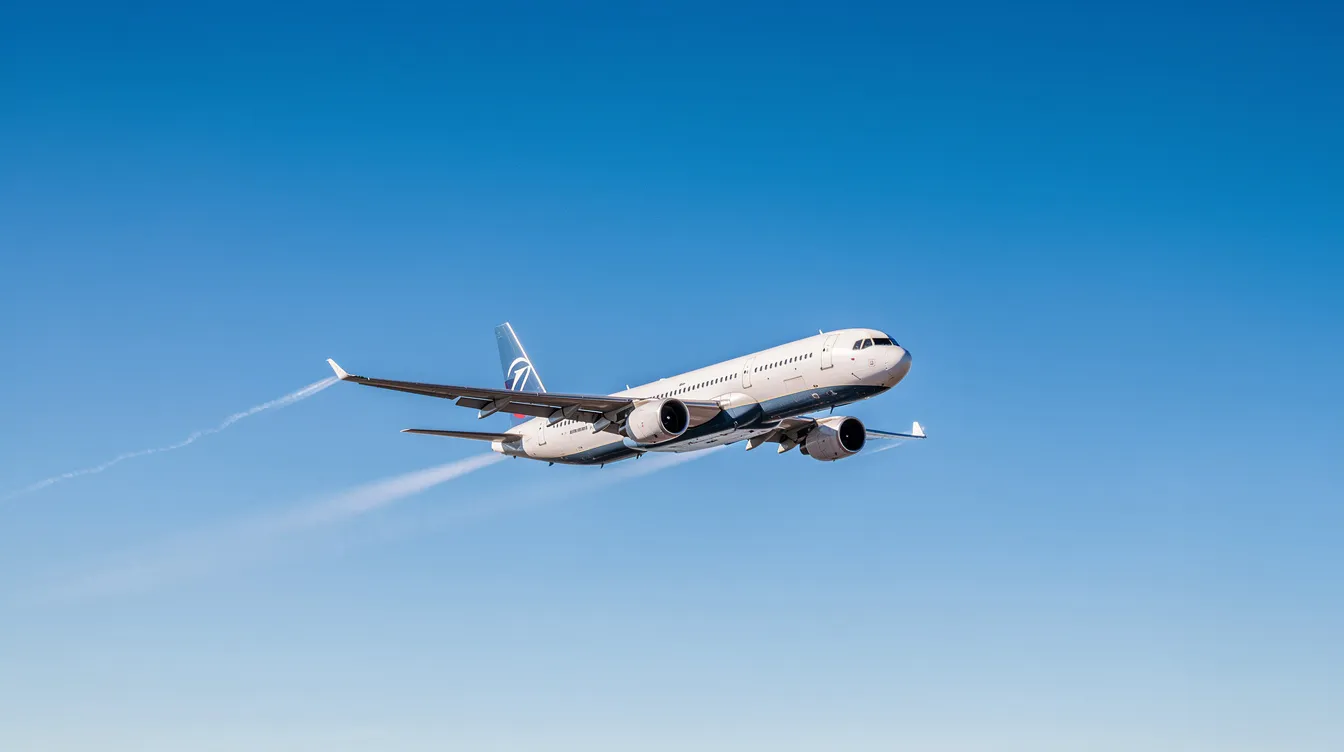 A commercial airplane soars through a clear blue sky, showcasing its sleek design against the vibrant backdrop. This image captures the essence of flight, illustrating the beauty of aircraft in motion as they travel at high altitudes.