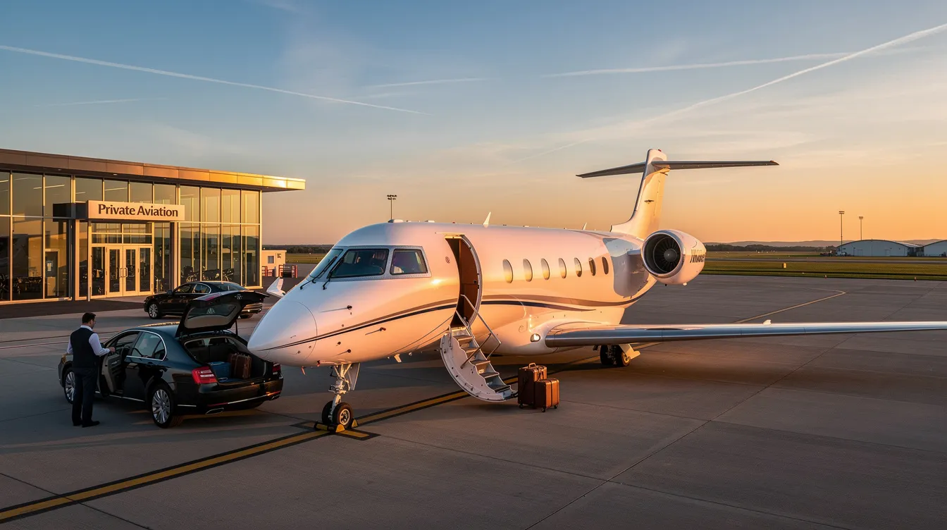 The image depicts a sleek private jet soaring through a clear blue sky, showcasing the elegance of private aviation. This aircraft represents the world of military flights and private air travel, where enthusiasts can track and identify various flights using ADS-B data and apps like FlightAware.