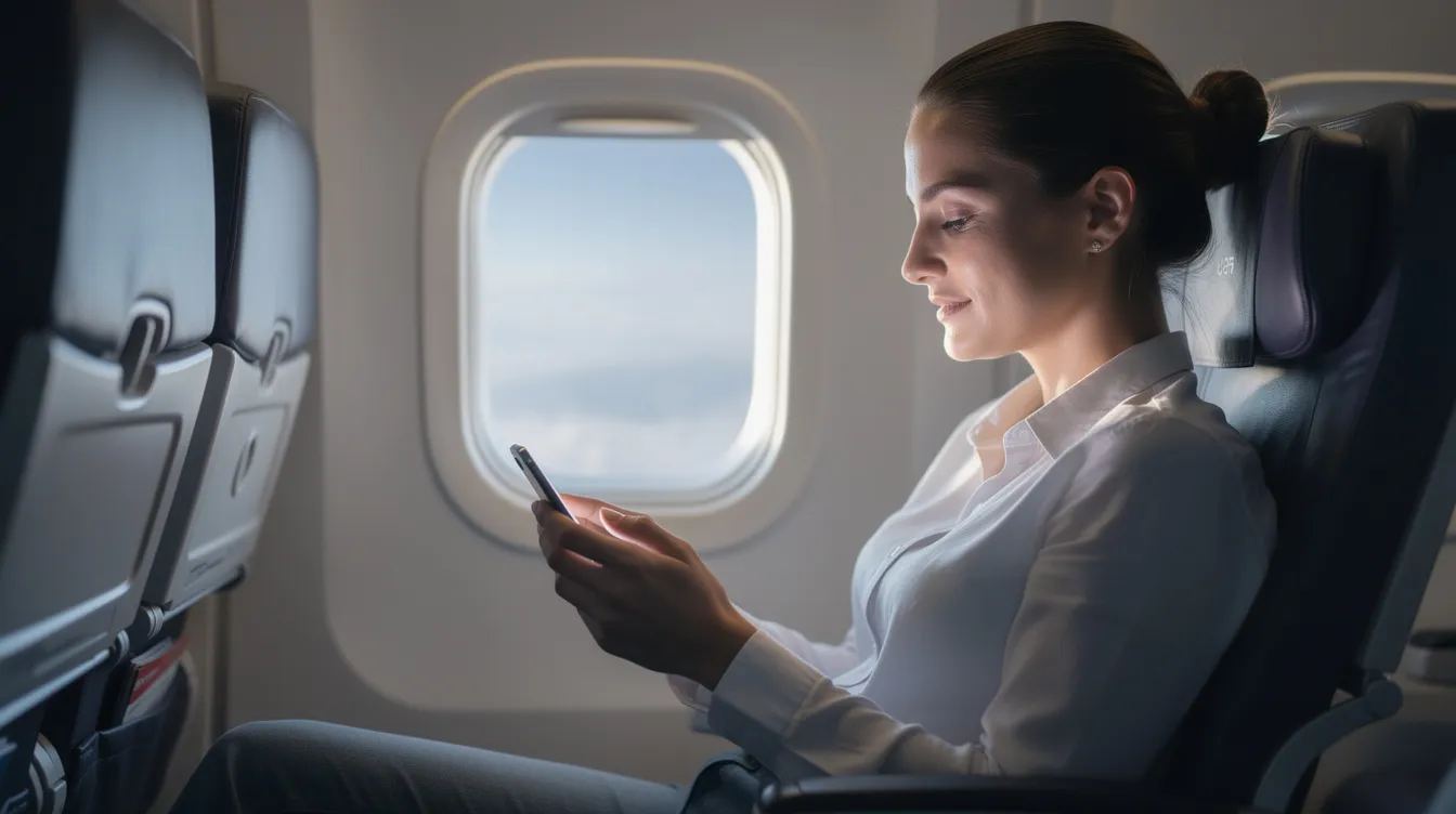 A passenger sits calmly in their seat, absorbed in their phone screen during a peaceful flight, possibly comparing flight prices or planning their next trip. The serene atmosphere of the cabin enhances the sense of relaxation as they navigate through travel deals and cheap flight tickets.